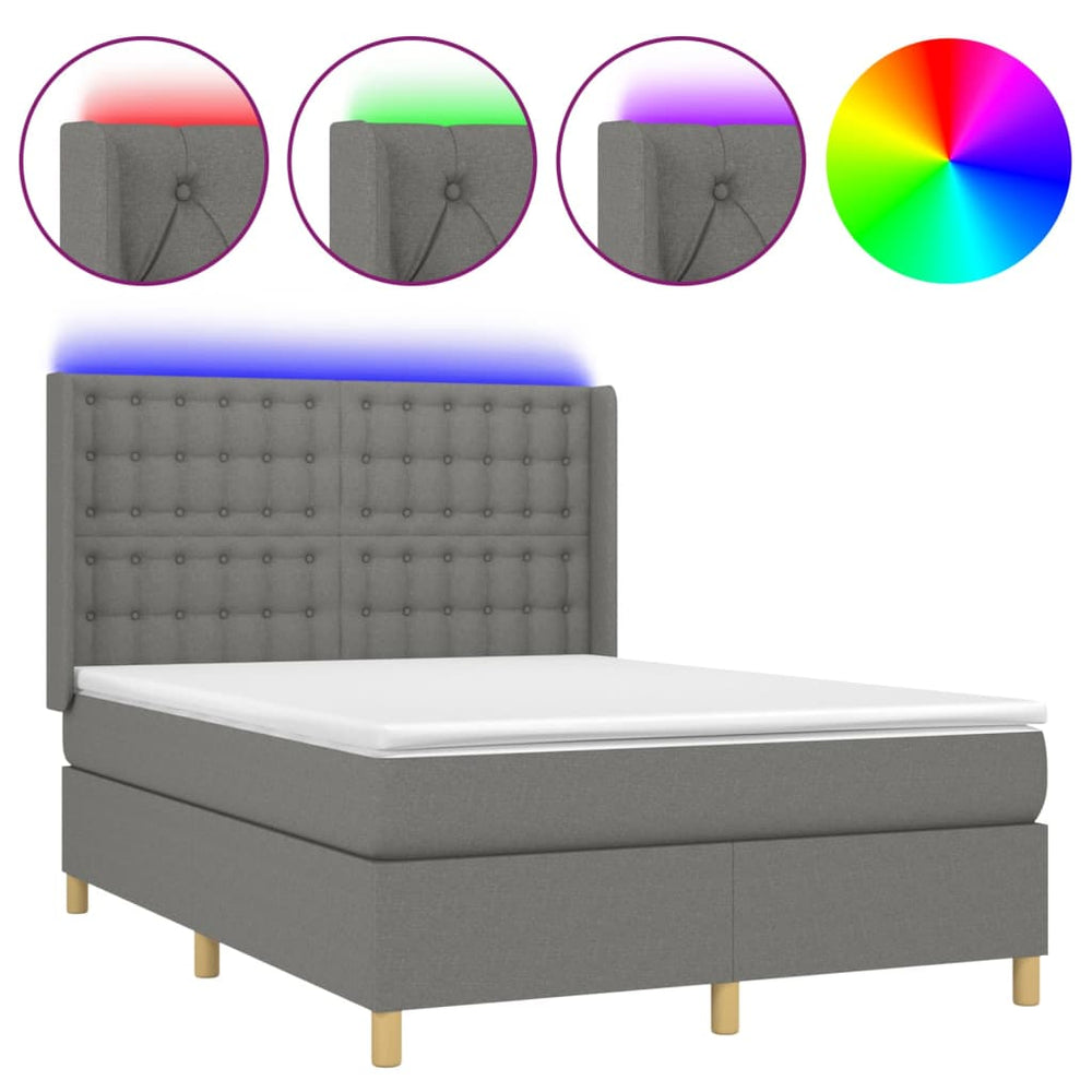 vidaXL Box Spring Bed with Mattress & LED Dark Gray 140x200 cm Fabric