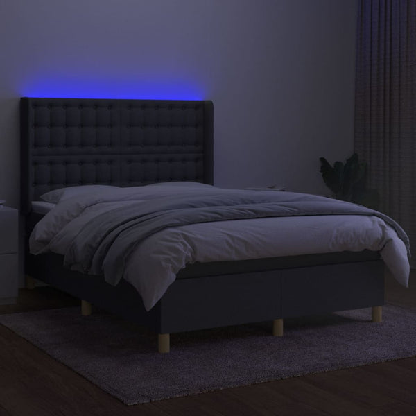 vidaXL Box Spring Bed with Mattress & LED Dark Gray 140x200 cm Fabric