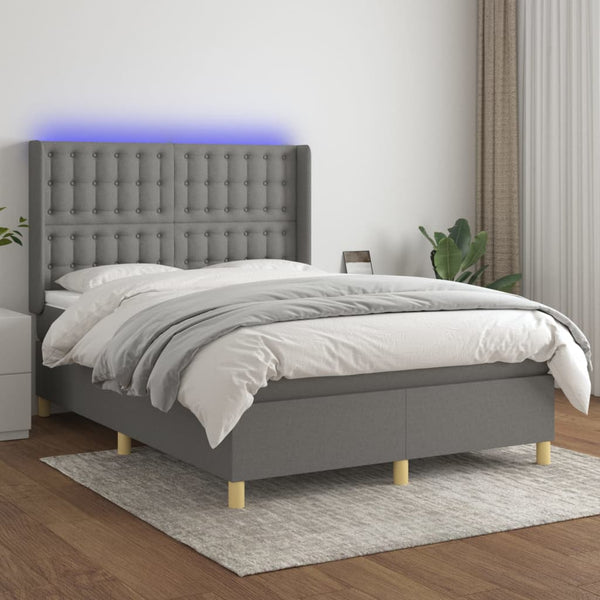 vidaXL Box Spring Bed with Mattress & LED Dark Gray 140x200 cm Fabric