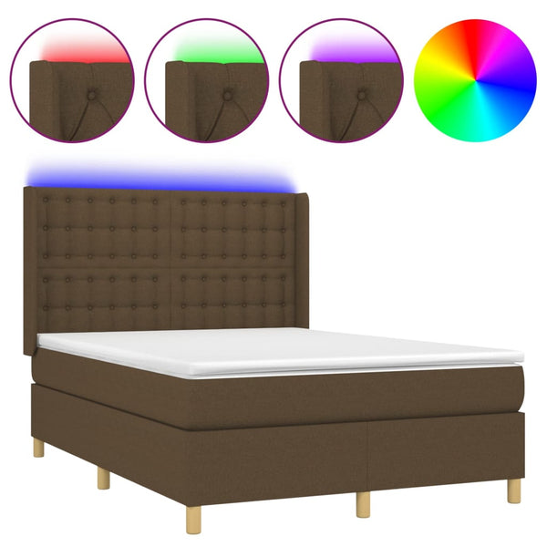 vidaXL Box Spring Bed with Mattress & LED Dark Brown 140x200 cm Fabric