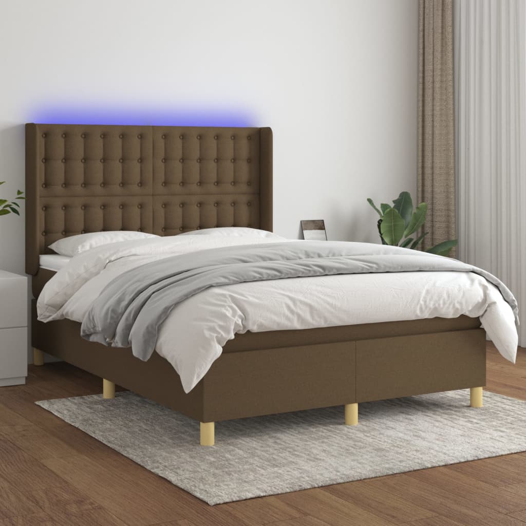 vidaXL Box Spring Bed with Mattress & LED Dark Brown 140x200 cm Fabric