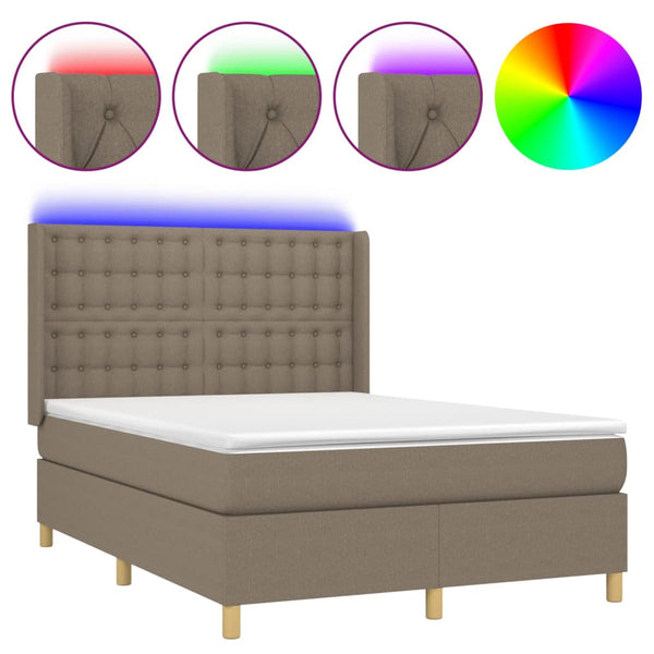 vidaXL Box Spring Bed with Mattress & LED Taupe 140x200 cm Fabric