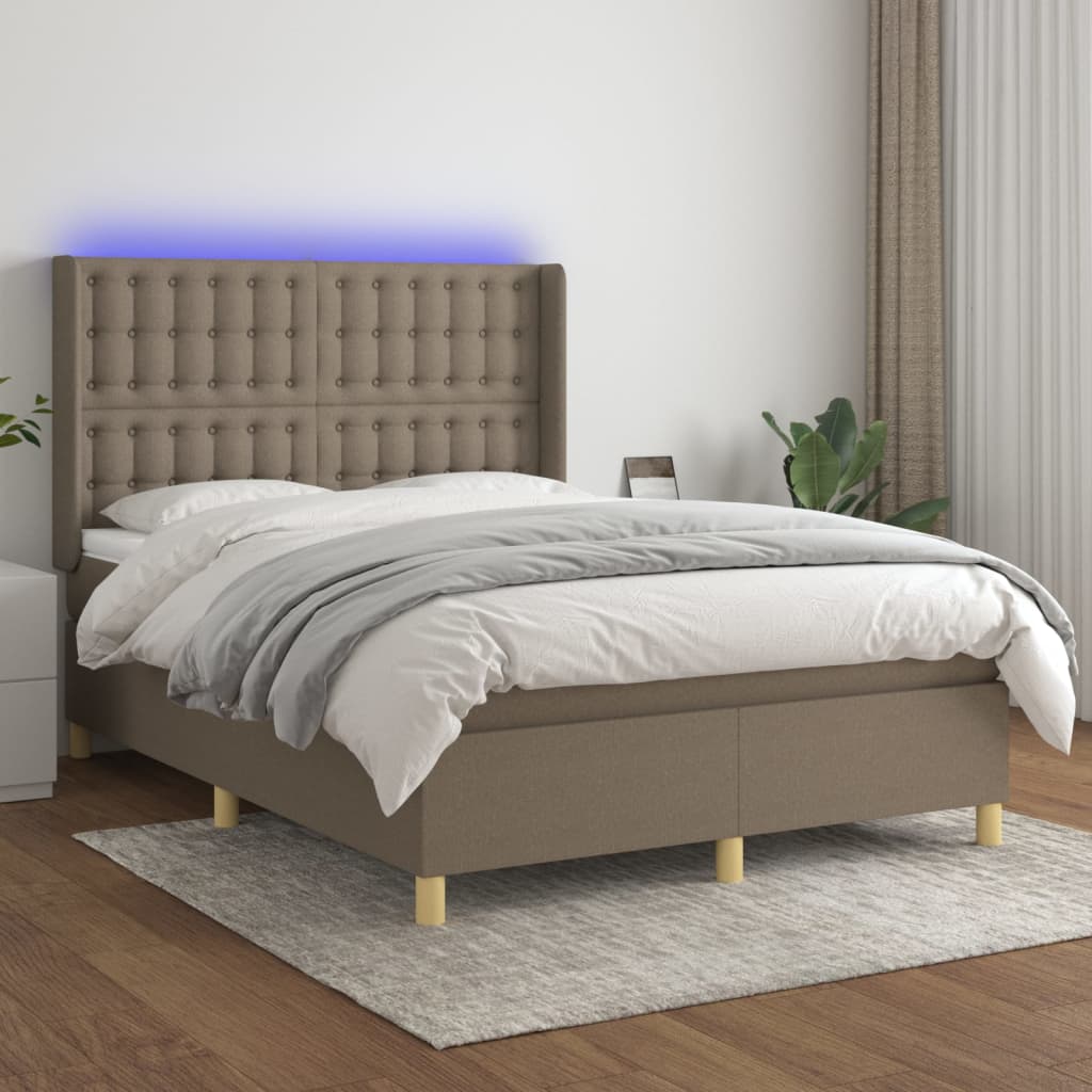 vidaXL Box Spring Bed with Mattress & LED Taupe 140x200 cm Fabric