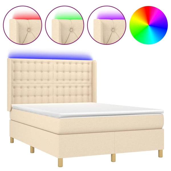 vidaXL Box Spring Bed with Mattress & LED Cream 140x200 cm Fabric