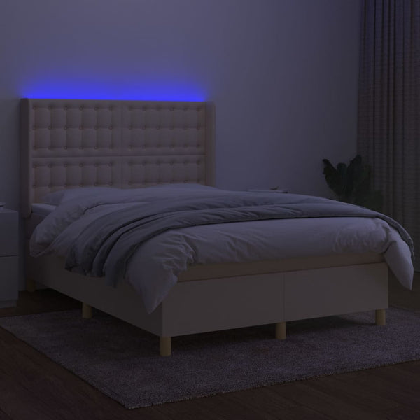 vidaXL Box Spring Bed with Mattress & LED Cream 140x200 cm Fabric