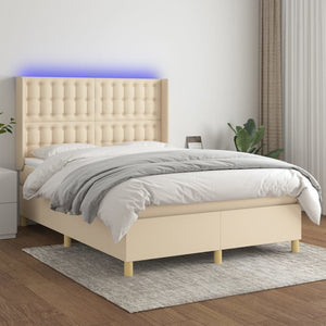 vidaXL Box Spring Bed with Mattress & LED Cream 140x200 cm Fabric