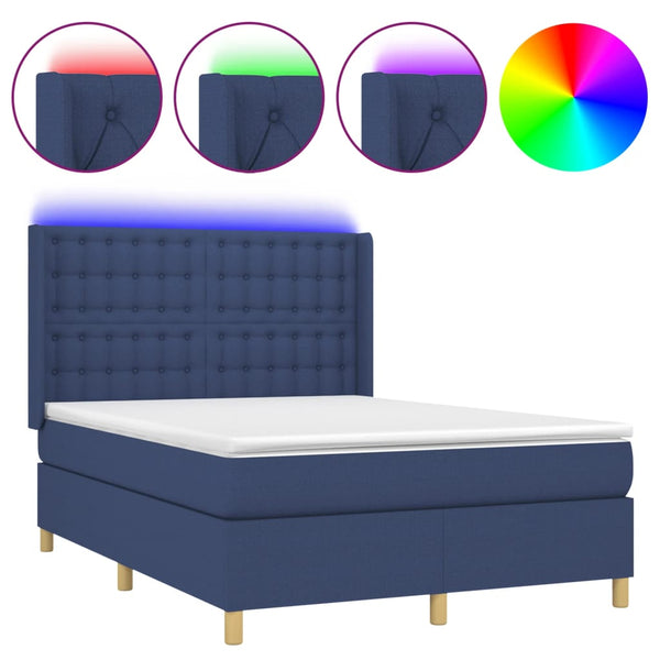 vidaXL Box Spring Bed with Mattress & LED Blue 140x200 cm Fabric