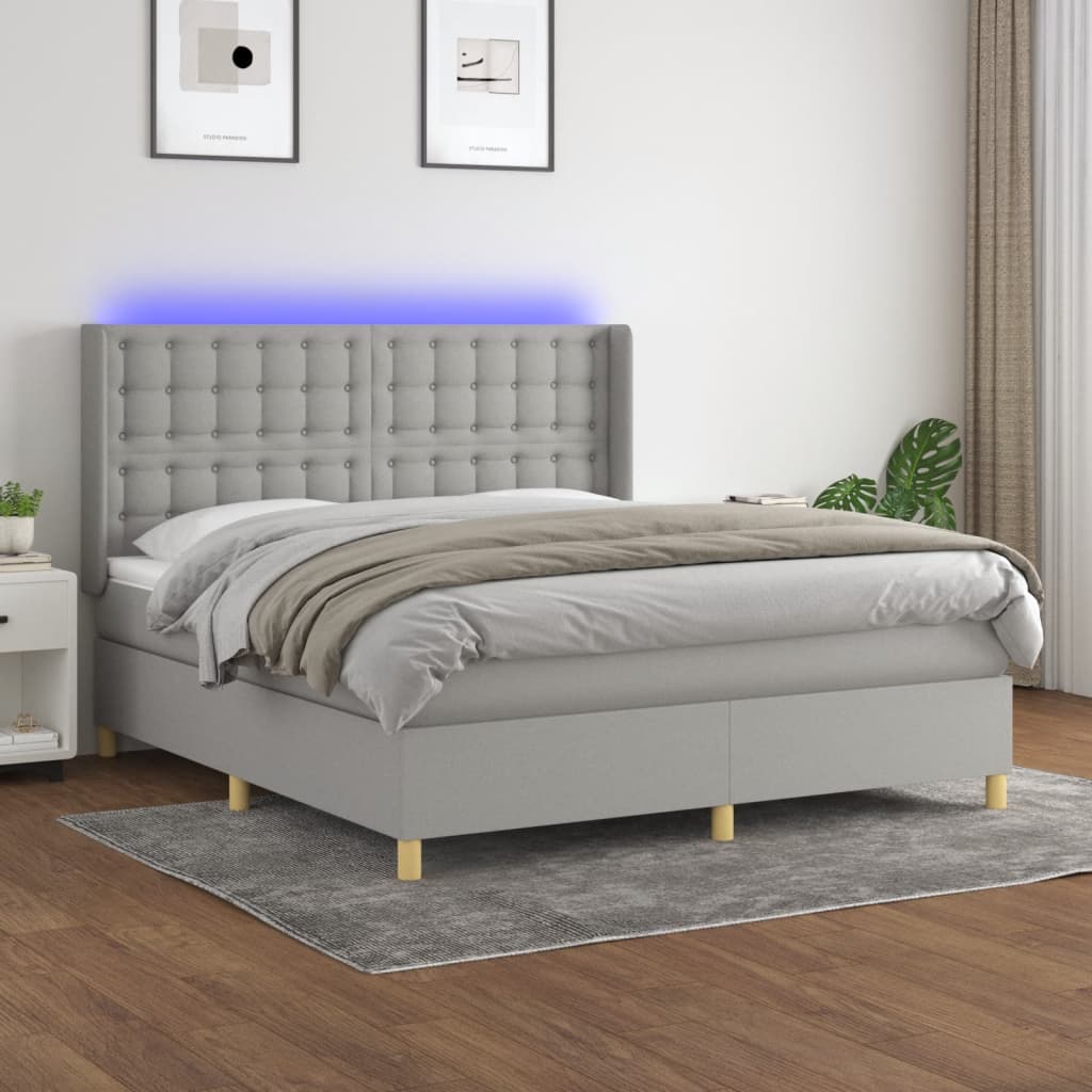 vidaXL Box Spring Bed with Mattress & LED Light Grey 160x200 cm Fabric