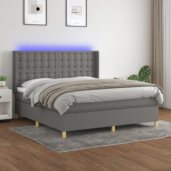 vidaXL Box Spring Bed with Mattress & LED Dark Grey 160x200 cm Fabric