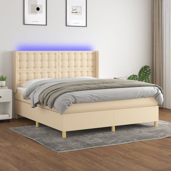 vidaXL Box Spring Bed with Mattress & LED Cream 160x200 cm Fabric