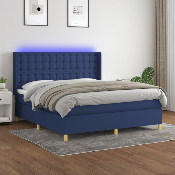 vidaXL Box Spring Bed with Mattress & LED Blue 160x200 cm Fabric