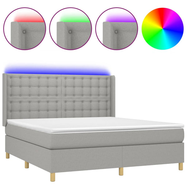 vidaXL Box Spring Bed with Mattress & LED Light Grey 180x200 cm Fabric