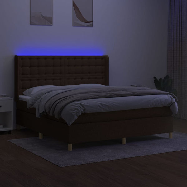 vidaXL Box Spring Bed with Mattress & LED Dark Brown 180x200 cm Fabric