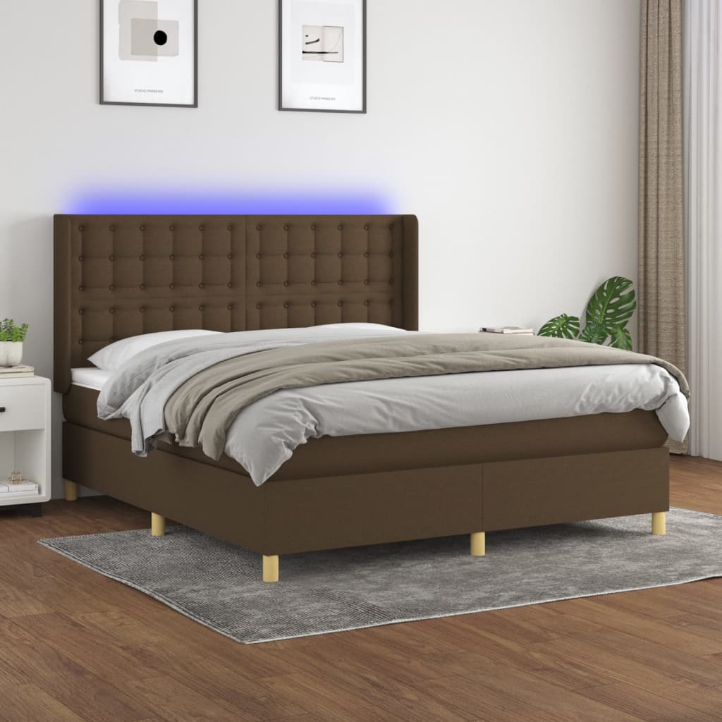vidaXL Box Spring Bed with Mattress & LED Dark Brown 180x200 cm Fabric