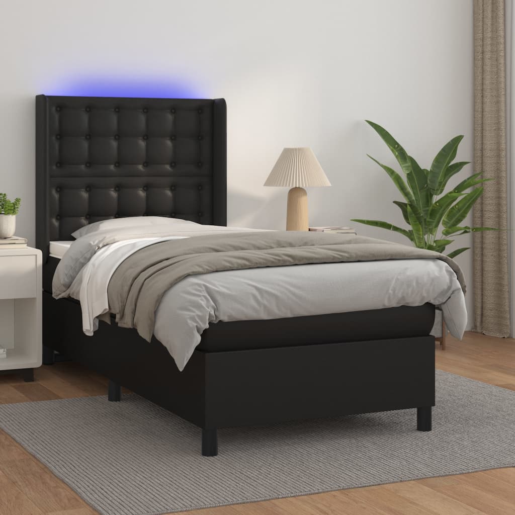 vidaXL Box Spring Bed with Mattress & LED Black 90x190 cm Faux Leather