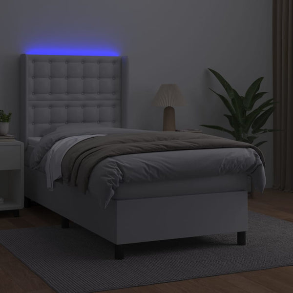 vidaXL Box Spring Bed with Mattress & LED White 90x190 cm Faux Leather