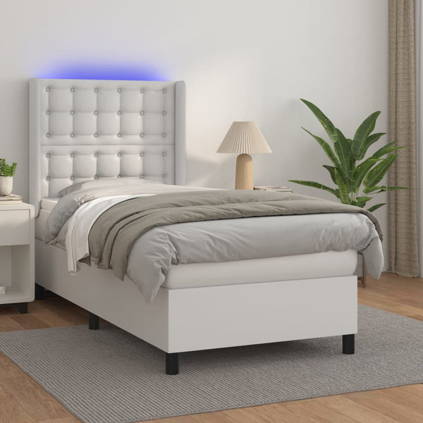 vidaXL Box Spring Bed with Mattress & LED White 90x190 cm Faux Leather