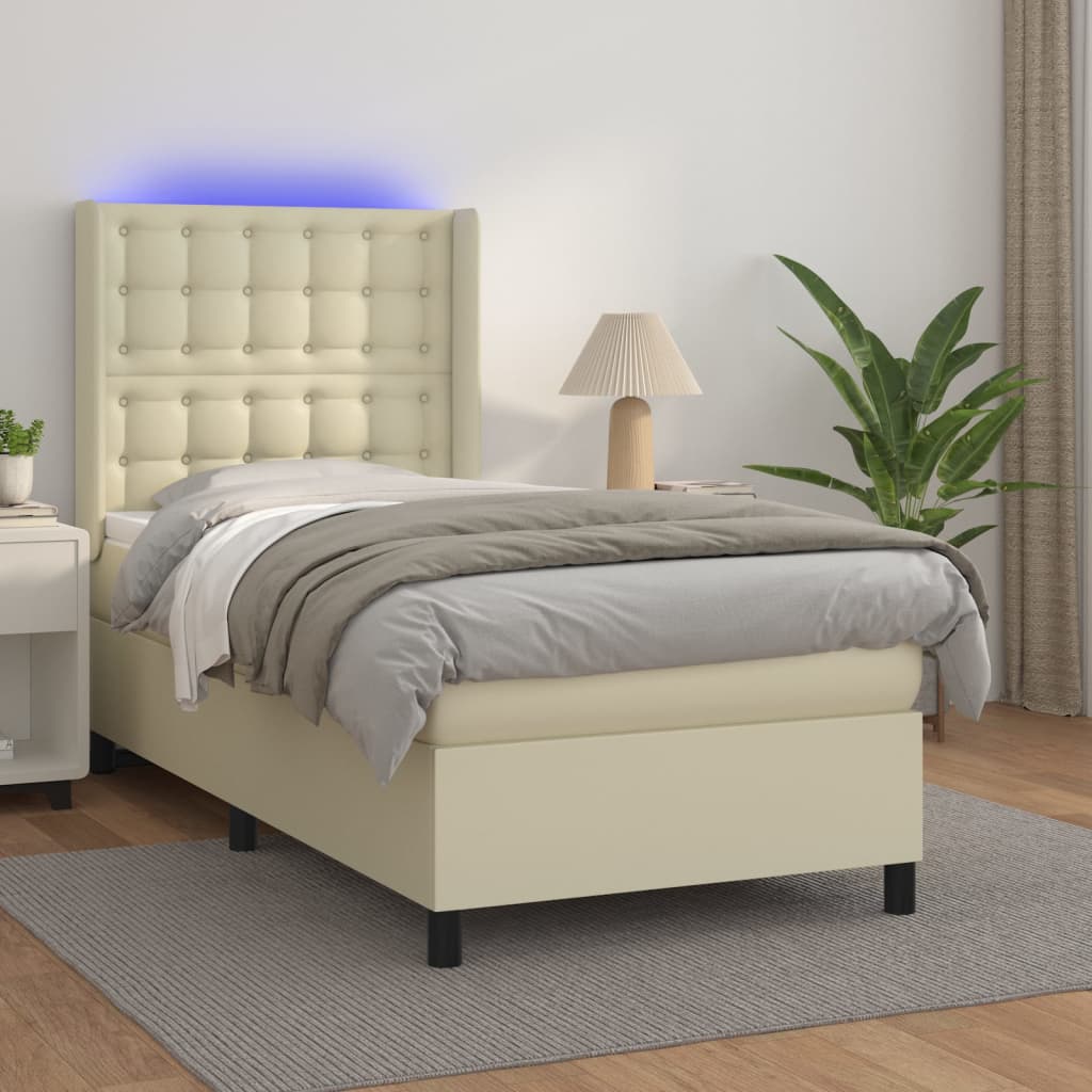 vidaXL Box Spring Bed with Mattress & LED Cream 90x200 cm Faux Leather
