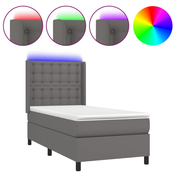 vidaXL Box Spring Bed with Mattress & LED Grey 90x200 cm Faux Leather