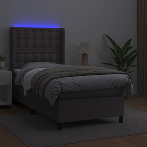 vidaXL Box Spring Bed with Mattress & LED Grey 90x200 cm Faux Leather