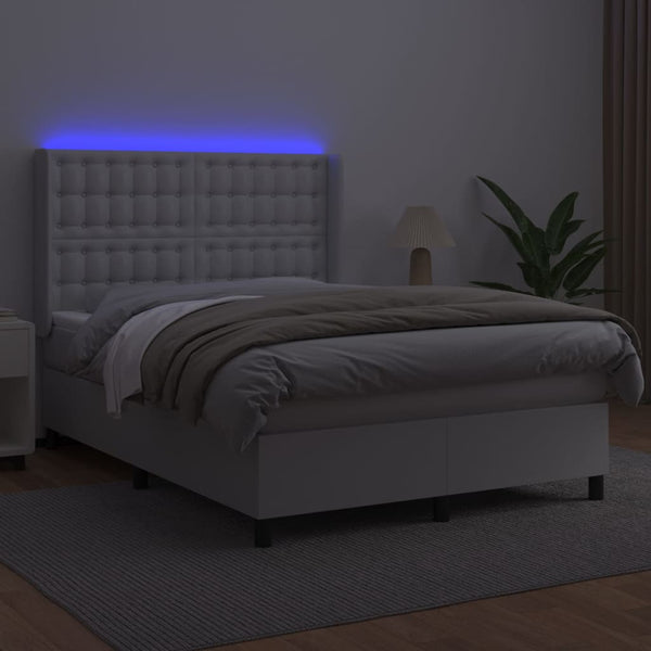 vidaXL Box Spring Bed with Mattress & LED White 140x190 cm Faux Leather