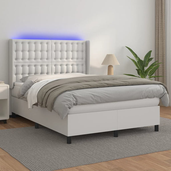 vidaXL Box Spring Bed with Mattress & LED White 140x190 cm Faux Leather