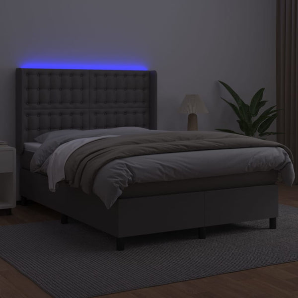 vidaXL Box Spring Bed with Mattress & LED Grey 140x190 cm Faux Leather