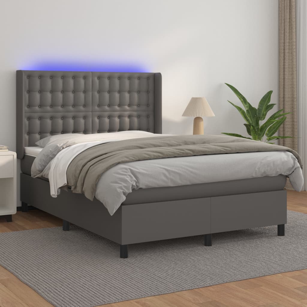 vidaXL Box Spring Bed with Mattress & LED Grey 140x190 cm Faux Leather