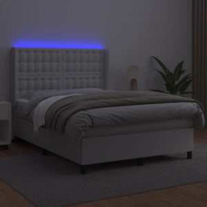 vidaXL Box Spring Bed with Mattress & LED White 140x200 cm Faux Leather