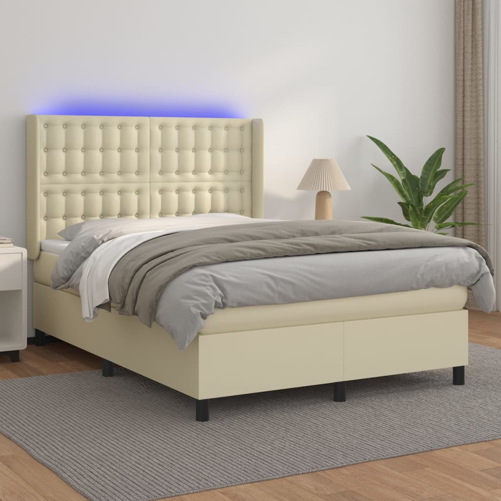 vidaXL Box Spring Bed with Mattress & LED Cream 140x200 cm Faux Leather