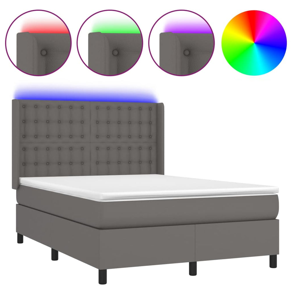 vidaXL Box Spring Bed with Mattress & LED Grey 140x200 cm Faux Leather