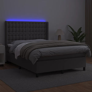 vidaXL Box Spring Bed with Mattress & LED Grey 140x200 cm Faux Leather