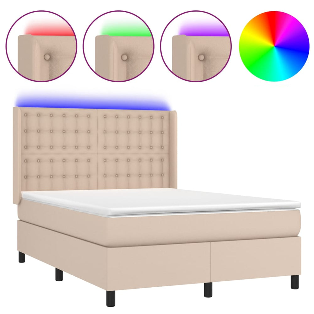vidaXL Box Spring Bed with Mattress & LED Cappuccino Brown 140x200cm