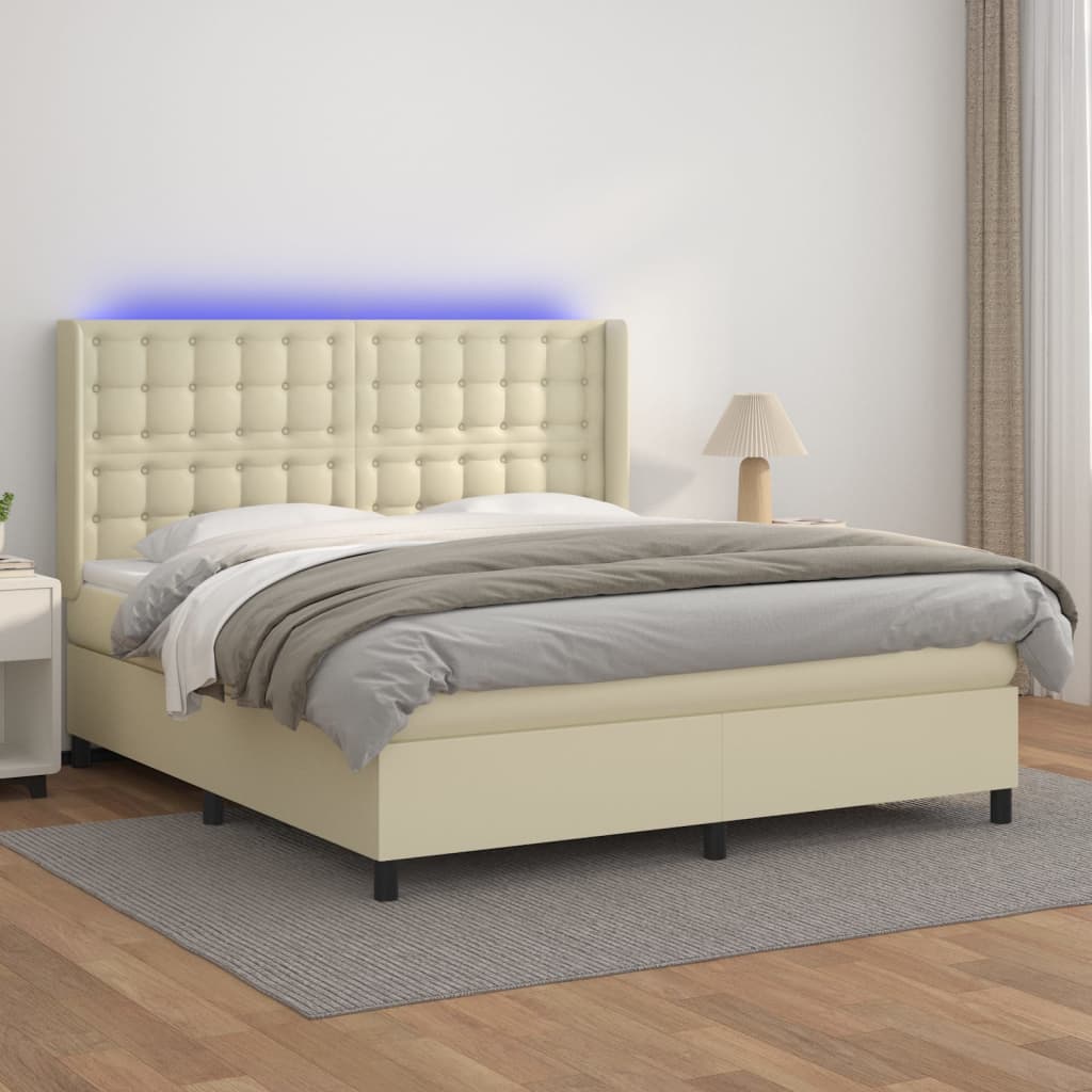 vidaXL Box Spring Bed with Mattress & LED Cream 180x200 cm Faux Leather