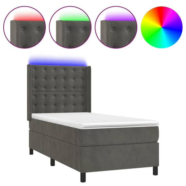 vidaXL Box Spring Bed with Mattress & LED Dark Gray 90x190 cm Velvet