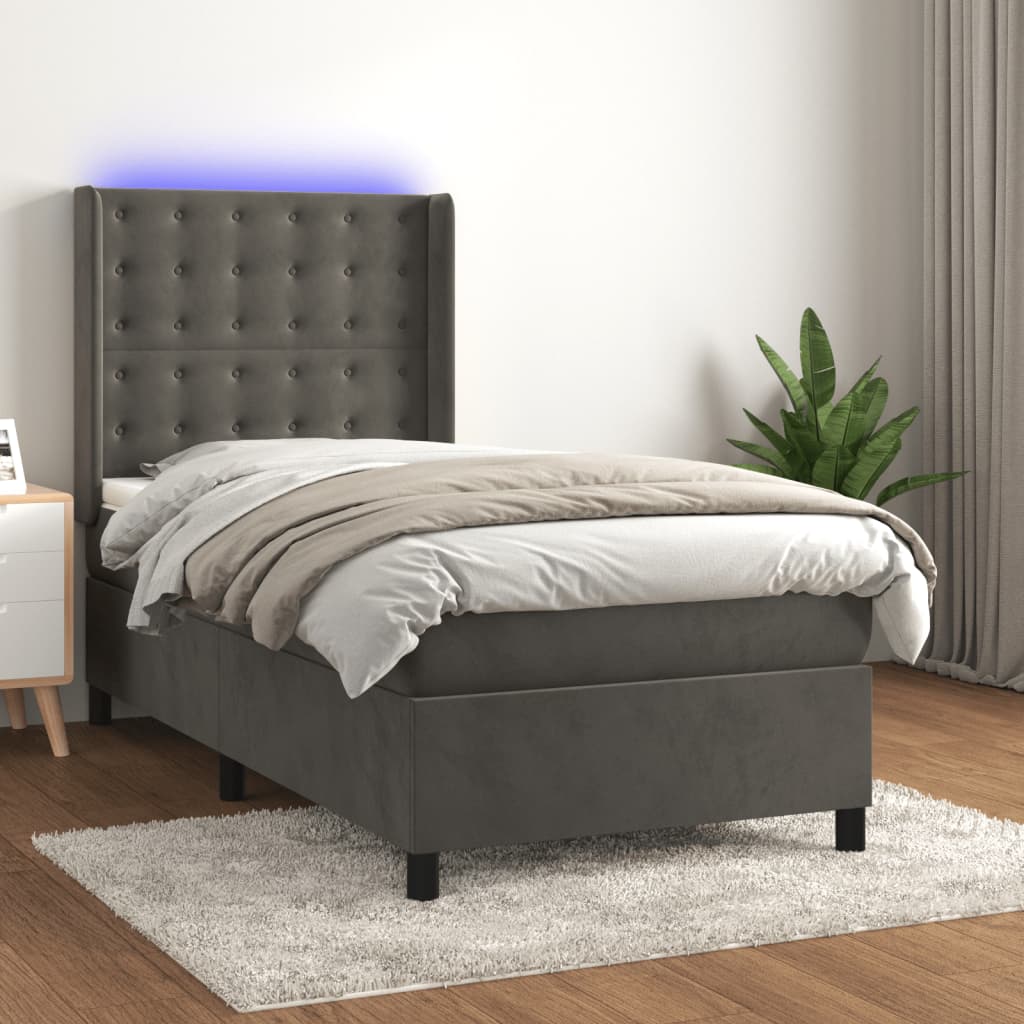 vidaXL Box Spring Bed with Mattress & LED Dark Gray 90x190 cm Velvet