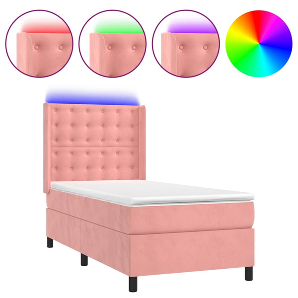 vidaXL Box Spring Bed with Mattress & LED Pink 90x190 cm Velvet