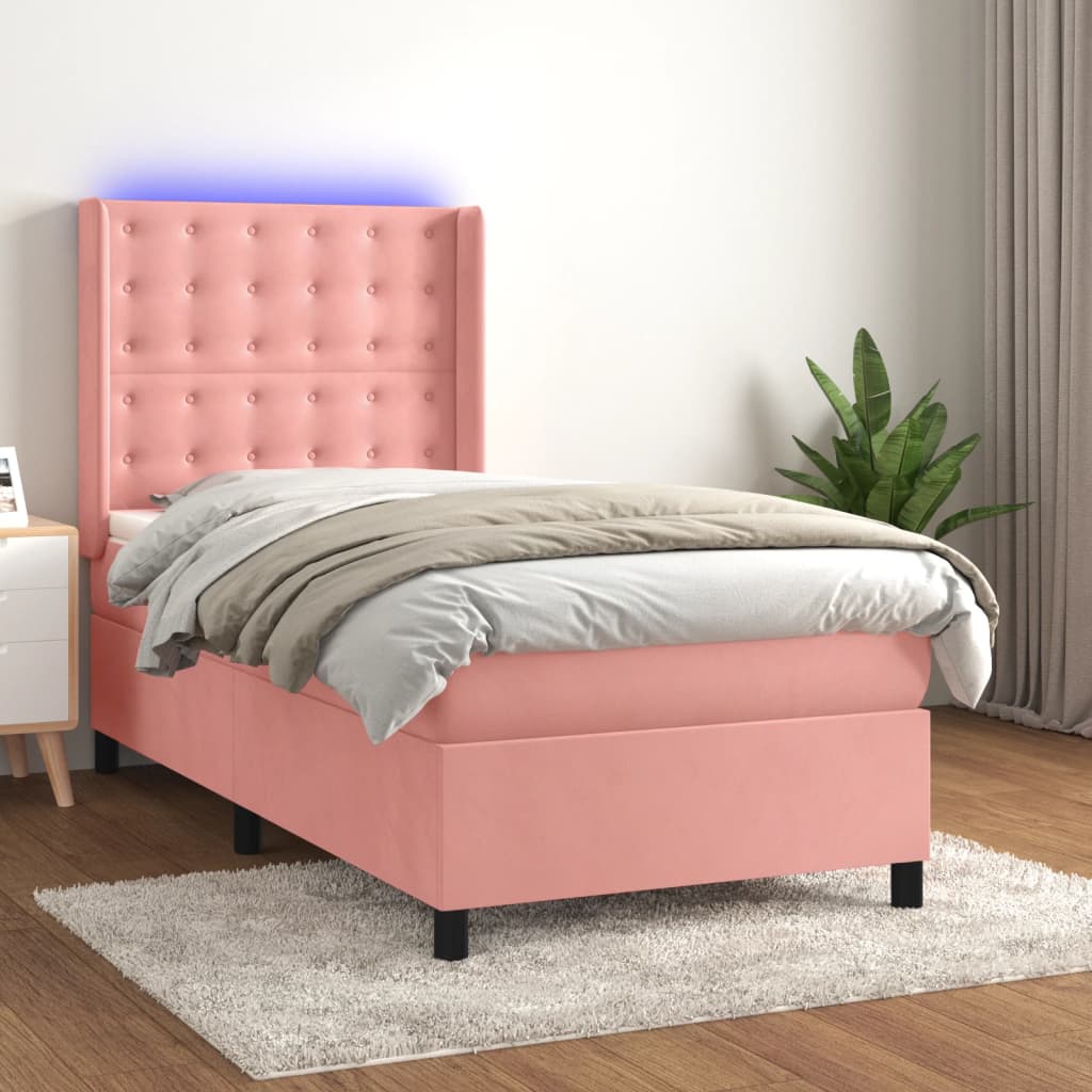 vidaXL Box Spring Bed with Mattress & LED Pink 90x190 cm Velvet