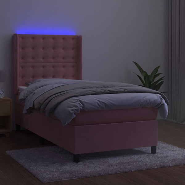 vidaXL Box Spring Bed with Mattress & LED Pink 100x200 cm Velvet