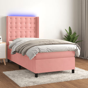 vidaXL Box Spring Bed with Mattress & LED Pink 100x200 cm Velvet