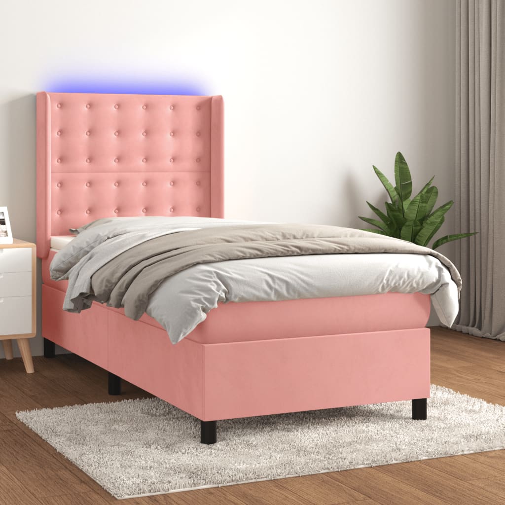 vidaXL Box Spring Bed with Mattress & LED Pink 100x200 cm Velvet