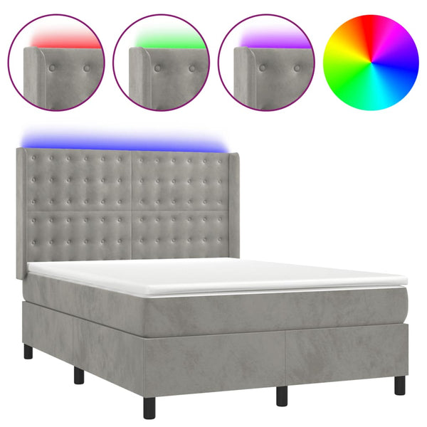 vidaXL Box Spring Bed with Mattress & LED Light Grey 140x190 cm Velvet