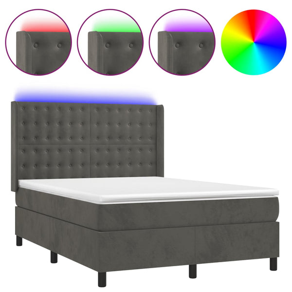 vidaXL Box Spring Bed with Mattress & LED Dark Grey 140x190 cm Velvet