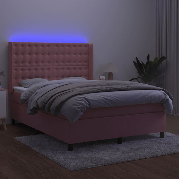 vidaXL Box Spring Bed with Mattress & LED Pink 140x190 cm Velvet
