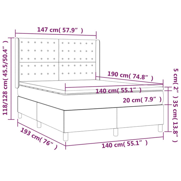 vidaXL Box Spring Bed with Mattress & LED Pink 140x190 cm Velvet