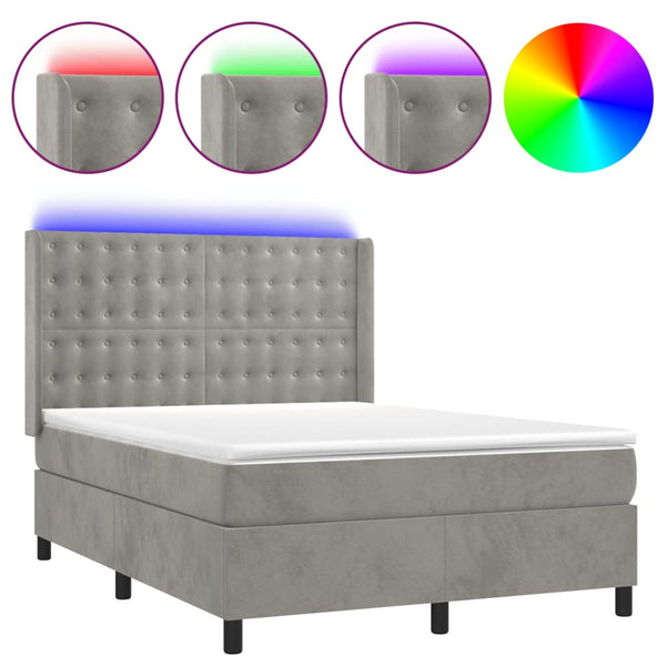 vidaXL Box Spring Bed with Mattress & LED Light Grey 140x200 cm Velvet
