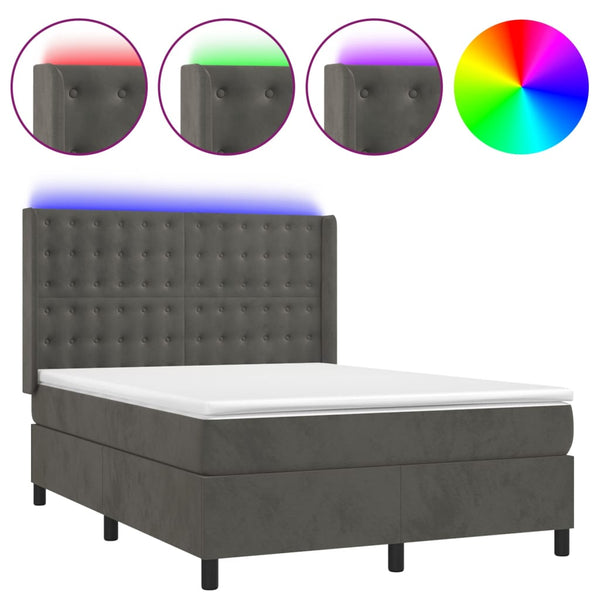 vidaXL Box Spring Bed with Mattress & LED Dark Grey 140x200 cm Velvet