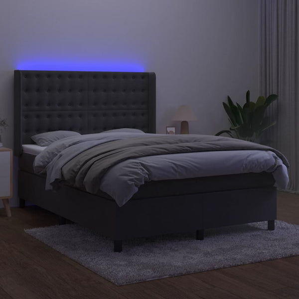 vidaXL Box Spring Bed with Mattress & LED Dark Grey 140x200 cm Velvet
