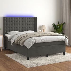 vidaXL Box Spring Bed with Mattress & LED Dark Grey 140x200 cm Velvet