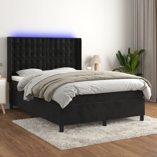 vidaXL Box Spring Bed with Mattress & LED Black 140x200 cm Velvet